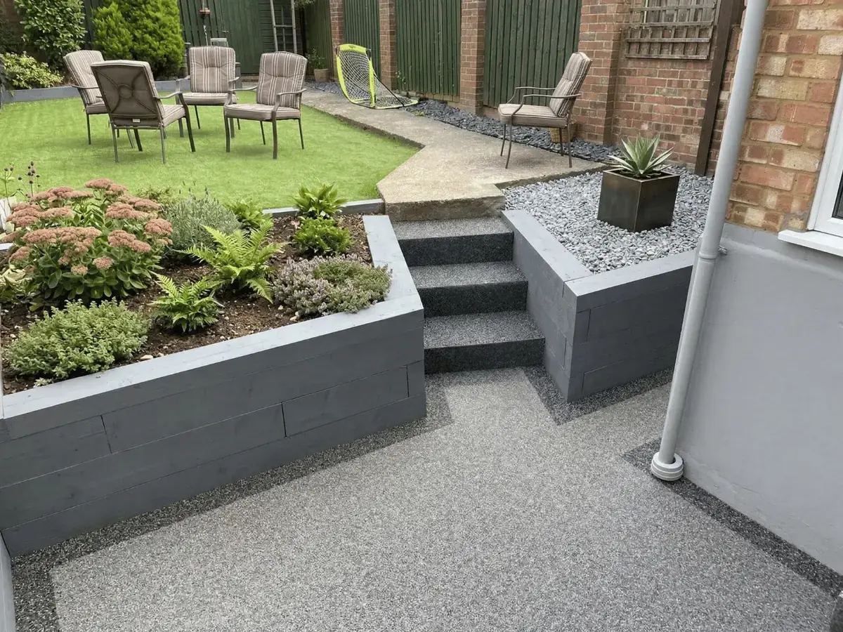 Outdoor resin-bound surface maintenance near drainage edge